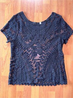 Dex Black Floral Crochet Overlay Top